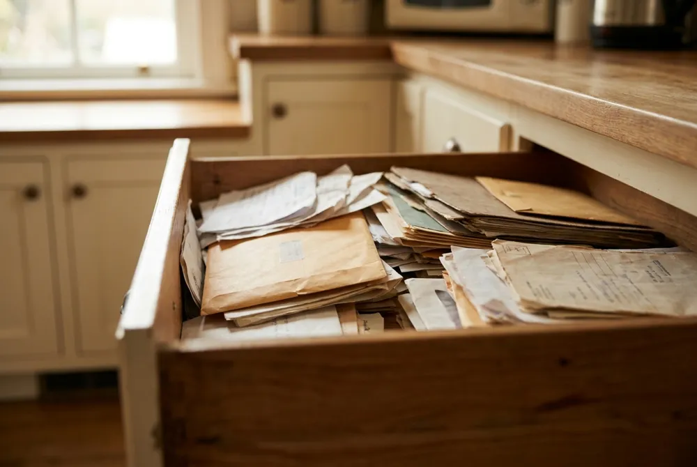 A kitchen drawer overflowing with old papers and envelopes