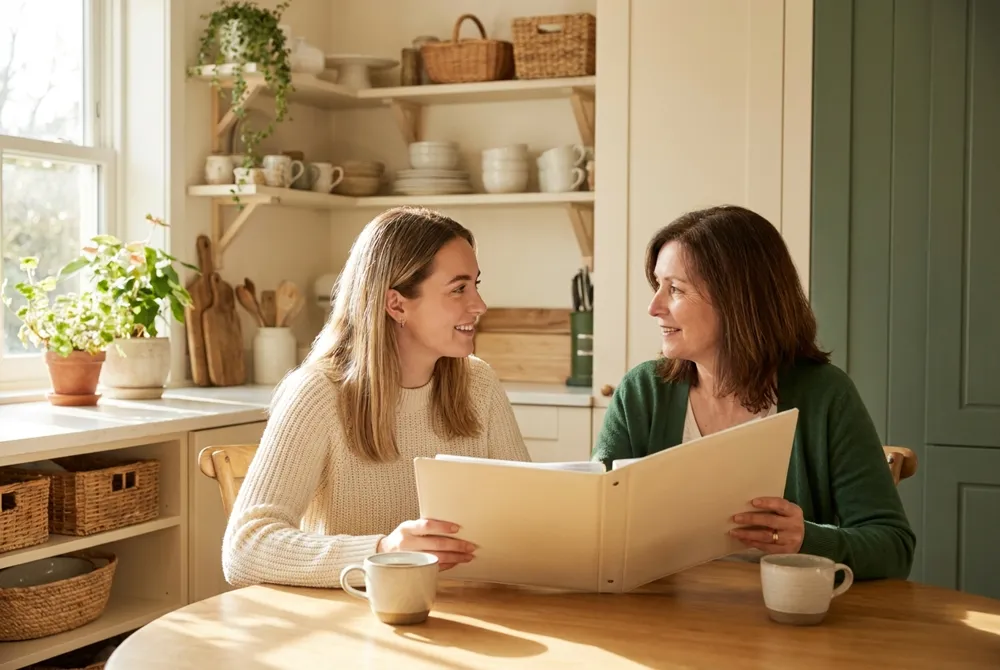 An adult daughter and her mother at the kitchen table with a binder and coffee