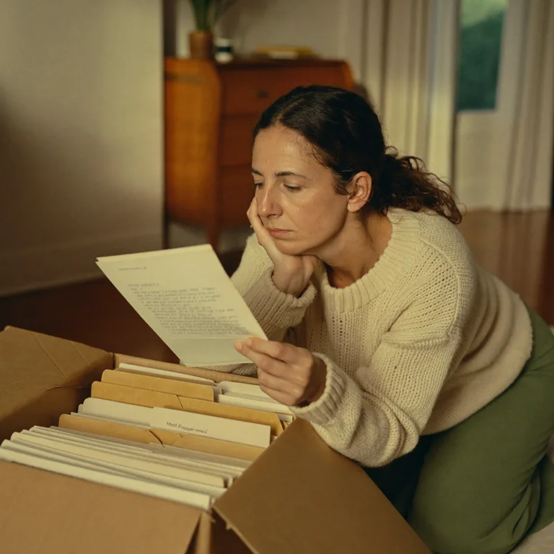 A woman in her forties reading a letter over a box of old file folders