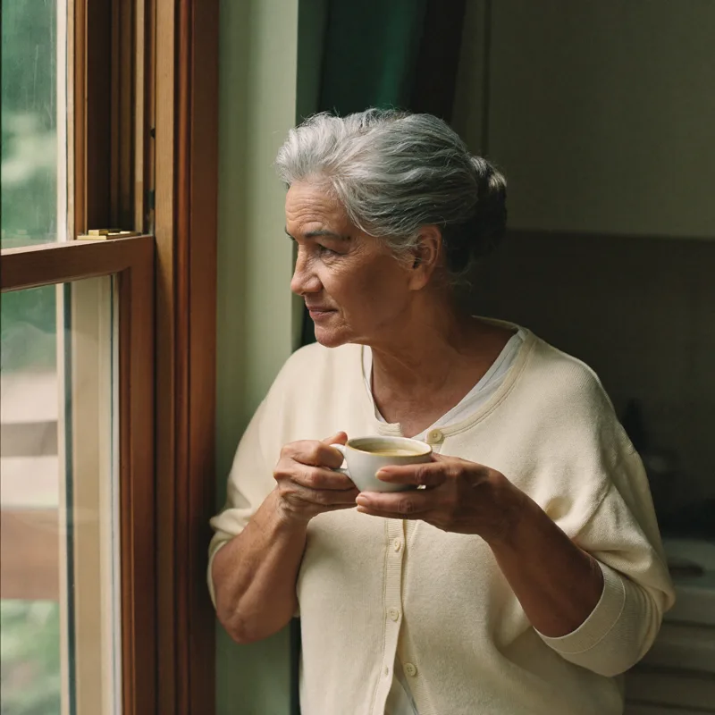A woman in her sixties at the kitchen window with a cup of coffee